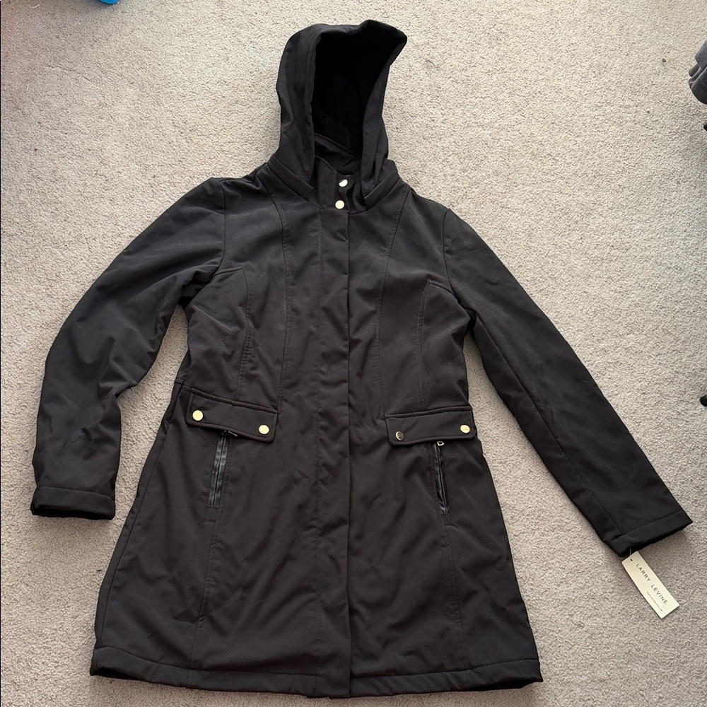 Larry Levine Elegant Black Hooded Trench Coat